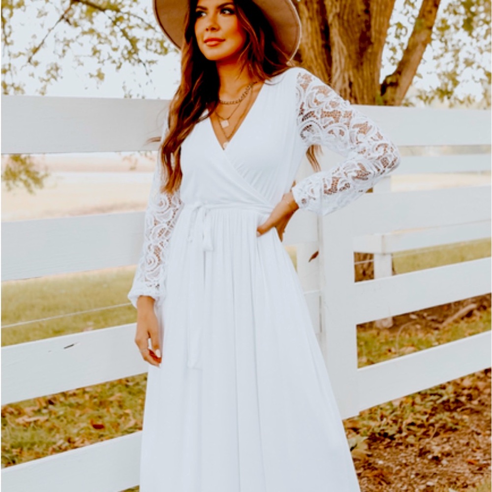 Small white long sleeved maxi dress with lace